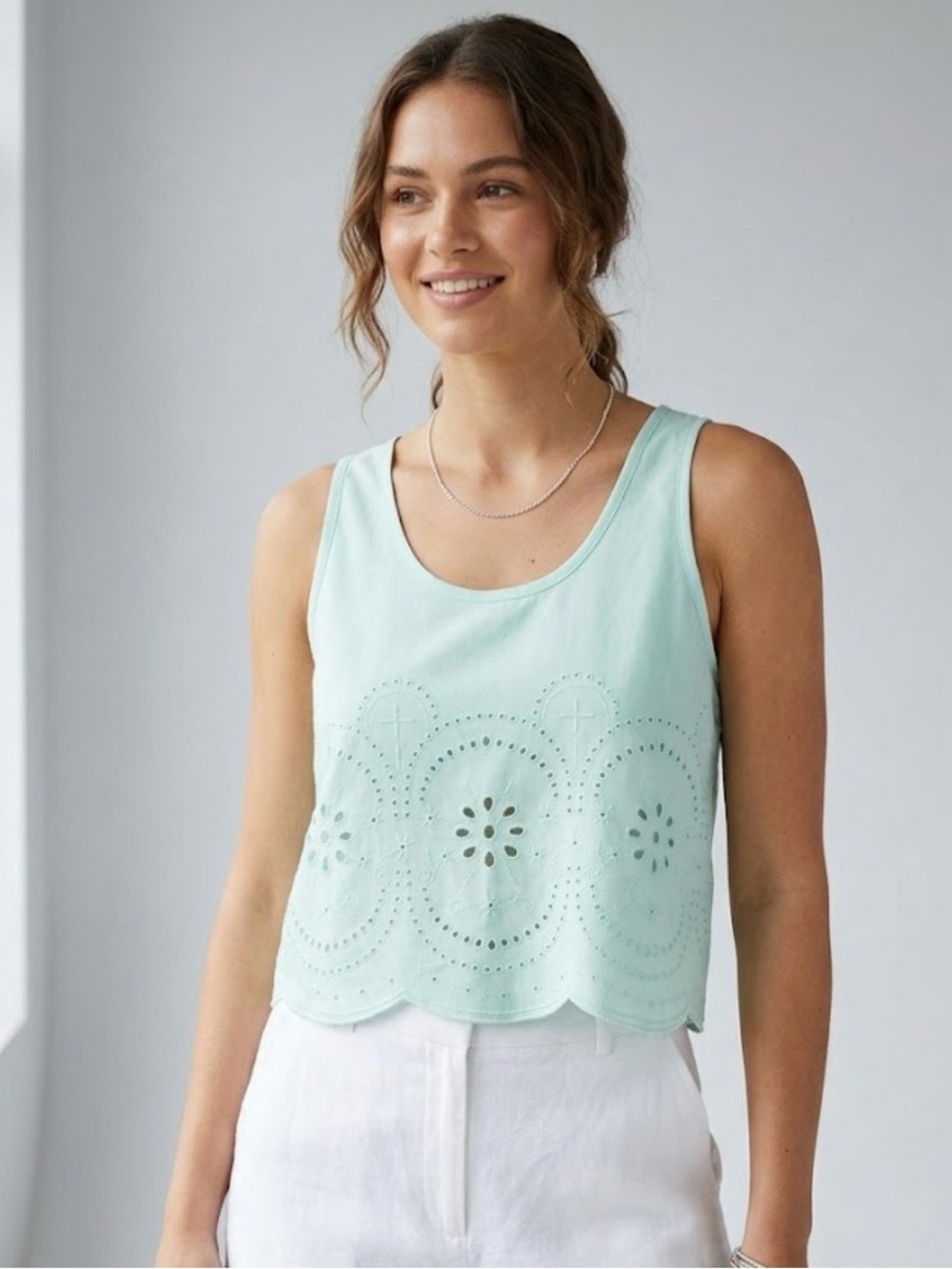Twik Mint Green Eyelet Scalloped Crop Tank Top